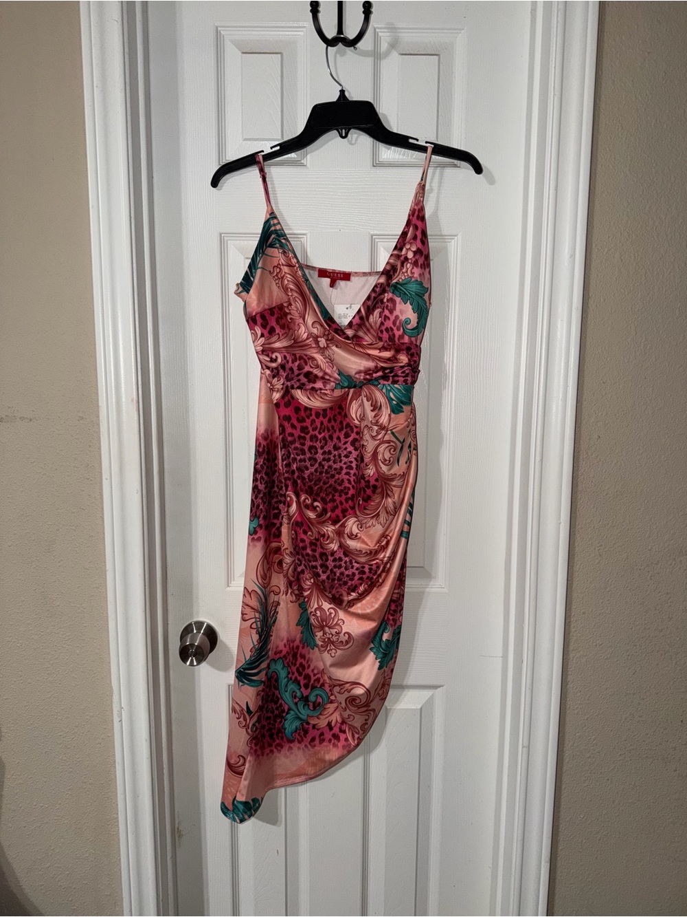 Pink & Teal Satin Slip Dress with Paisley Print